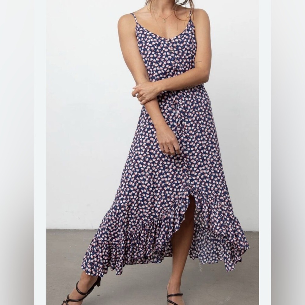 RAILS Frida Pink‎ Poms Floral Spaghetti Strap Ruffle Button Front Midi Dress M